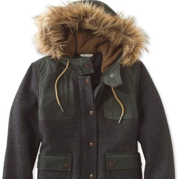 LL BEAN Signature Waxed Cotton & Wool Jacket Faux-Fur Hood Quilted Charcoal - Picture 2 of 12